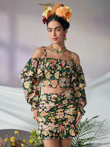 Floral Print Cold Shoulder Ruffle Trim Flounce Sleeve Crop Blouse