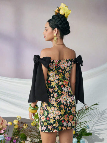 Designer VERO DIAZ Floral Print Knot Off Shoulder Slim Fit Short Dress