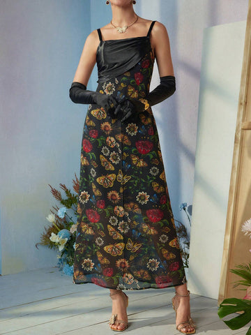 Designer VERO DIAZ Floral & Butterfly Print Ruched Front Cami Dress, Summer