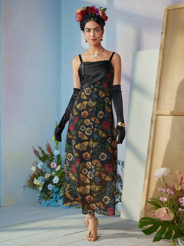Designer VERO DIAZ Floral & Butterfly Print Ruched Front Cami Dress, Summer