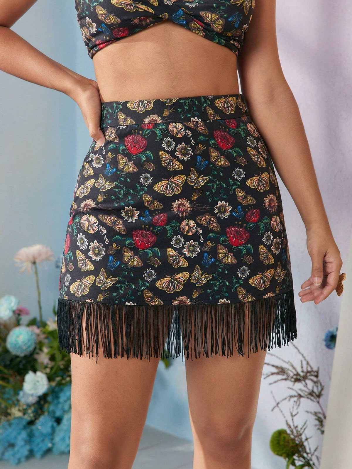 VERO DIAZ High Waisted Floral And Butterfly Print Fringe Hem Skirt