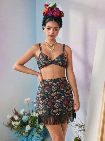 VERO DIAZ High Waisted Floral And Butterfly Print Fringe Hem Skirt