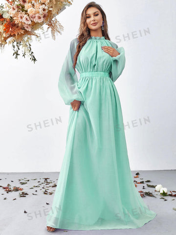 Frill Trim Lantern Sleeve Chiffon Dress