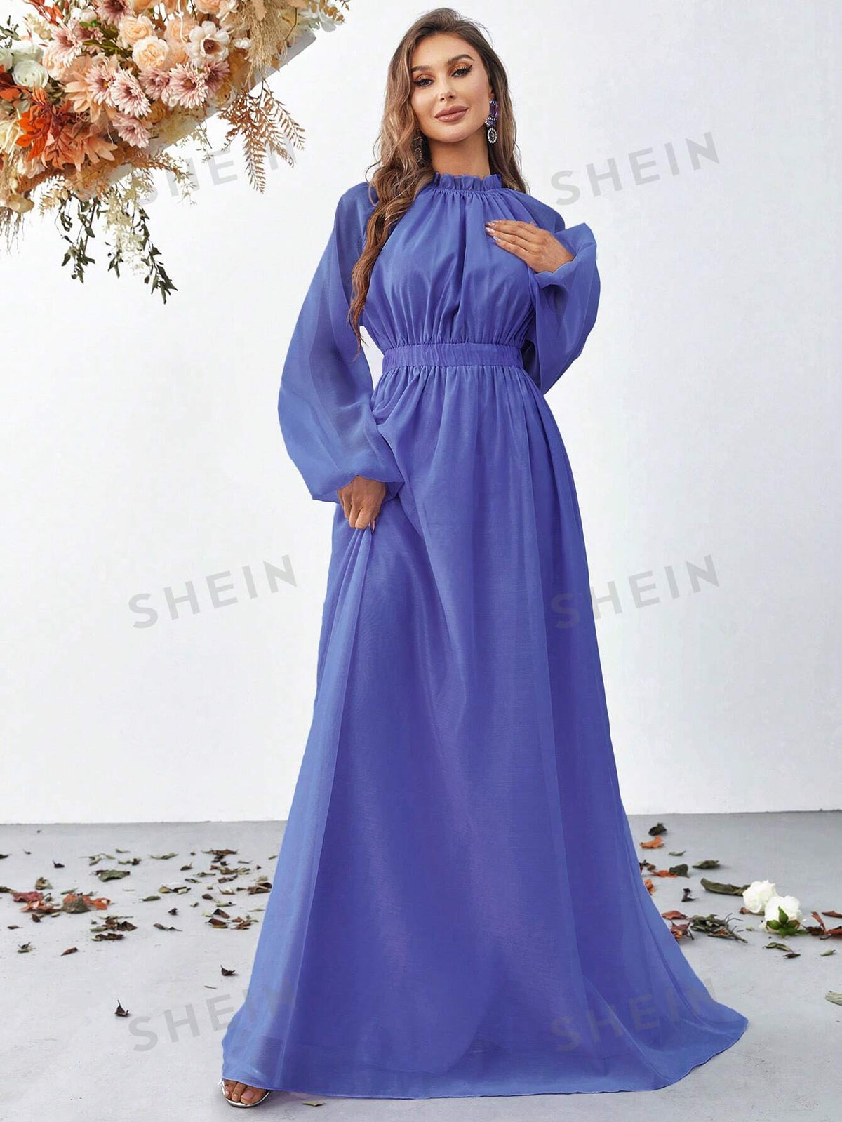 Frill Trim Lantern Sleeve Chiffon Dress