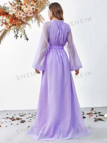Frill Trim Lantern Sleeve Chiffon Dress