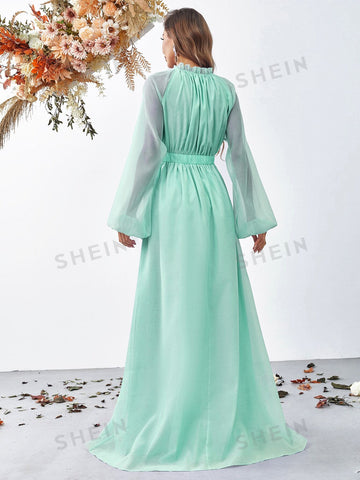 Frill Trim Lantern Sleeve Chiffon Dress