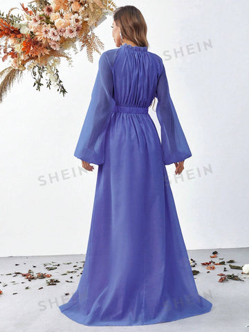 Frill Trim Lantern Sleeve Chiffon Dress