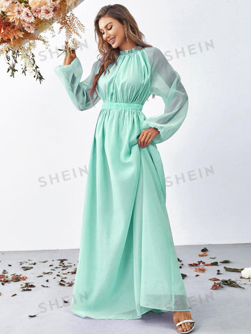 Frill Trim Lantern Sleeve Chiffon Dress