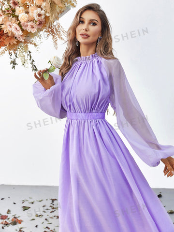Frill Trim Lantern Sleeve Chiffon Dress