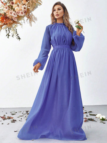 Frill Trim Lantern Sleeve Chiffon Dress