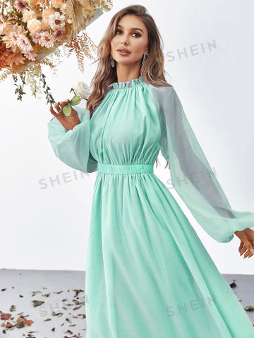 Frill Trim Lantern Sleeve Chiffon Dress