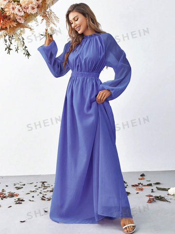 Frill Trim Lantern Sleeve Chiffon Dress