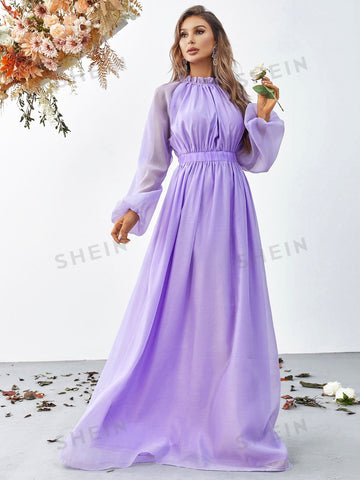 Frill Trim Lantern Sleeve Chiffon Dress