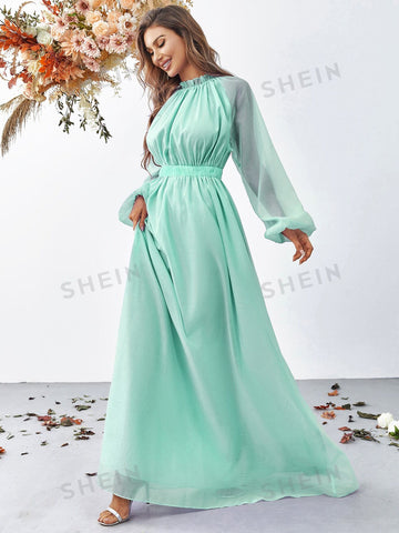 Frill Trim Lantern Sleeve Chiffon Dress