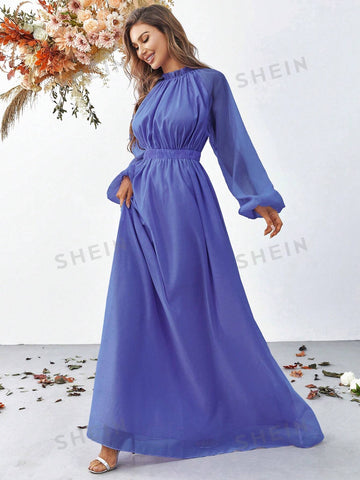 Frill Trim Lantern Sleeve Chiffon Dress