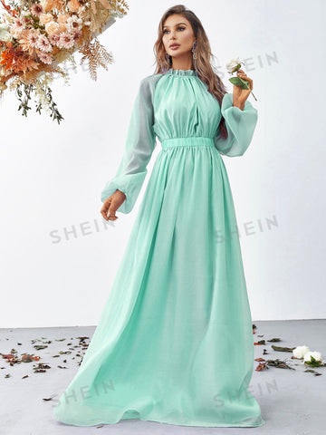 Frill Trim Lantern Sleeve Chiffon Dress
