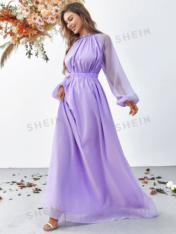 Frill Trim Lantern Sleeve Chiffon Dress
