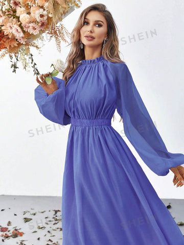 Frill Trim Lantern Sleeve Chiffon Dress