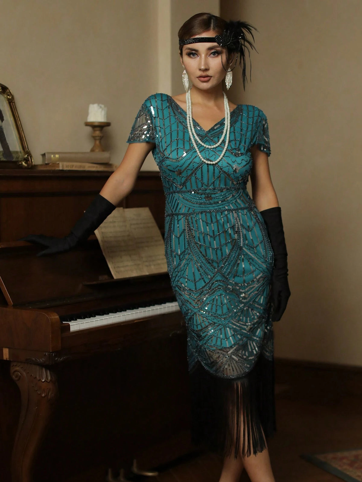 Fringe Hem Sequin Decor Dress 1920s Flapper Dress Long Fringed Gatsby Dress