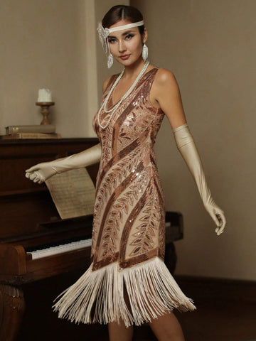 Fringe Hem Sequin Decor Dress 1920s Flapper Dress Long Fringed Gatsby Dress