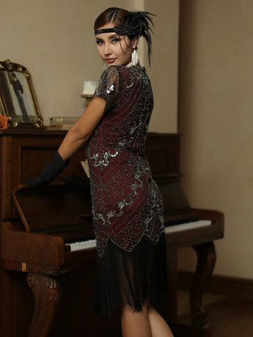 Fringe Hem Sequin Decor Dress 1920s Flapper Dress Long Fringed Gatsby Dress