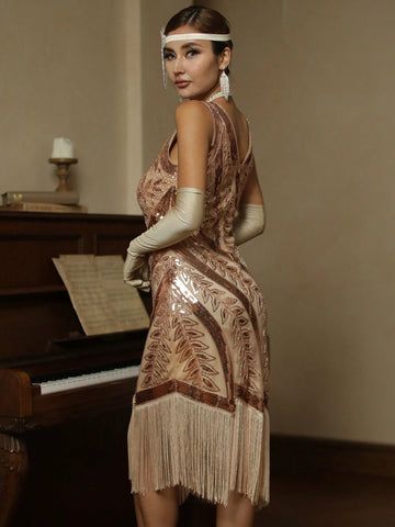 Fringe Hem Sequin Decor Dress 1920s Flapper Dress Long Fringed Gatsby Dress