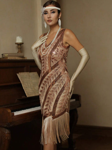 Fringe Hem Sequin Decor Dress 1920s Flapper Dress Long Fringed Gatsby Dress