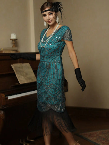 Fringe Hem Sequin Decor Dress 1920s Flapper Dress Long Fringed Gatsby Dress