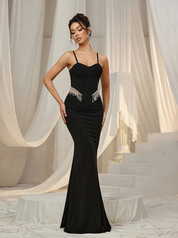 Fringed Trim Cut Out Waist Cami Party Dress