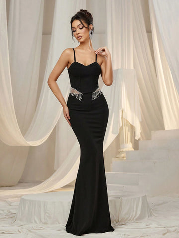 Fringed Trim Cut Out Waist Cami Party Dress