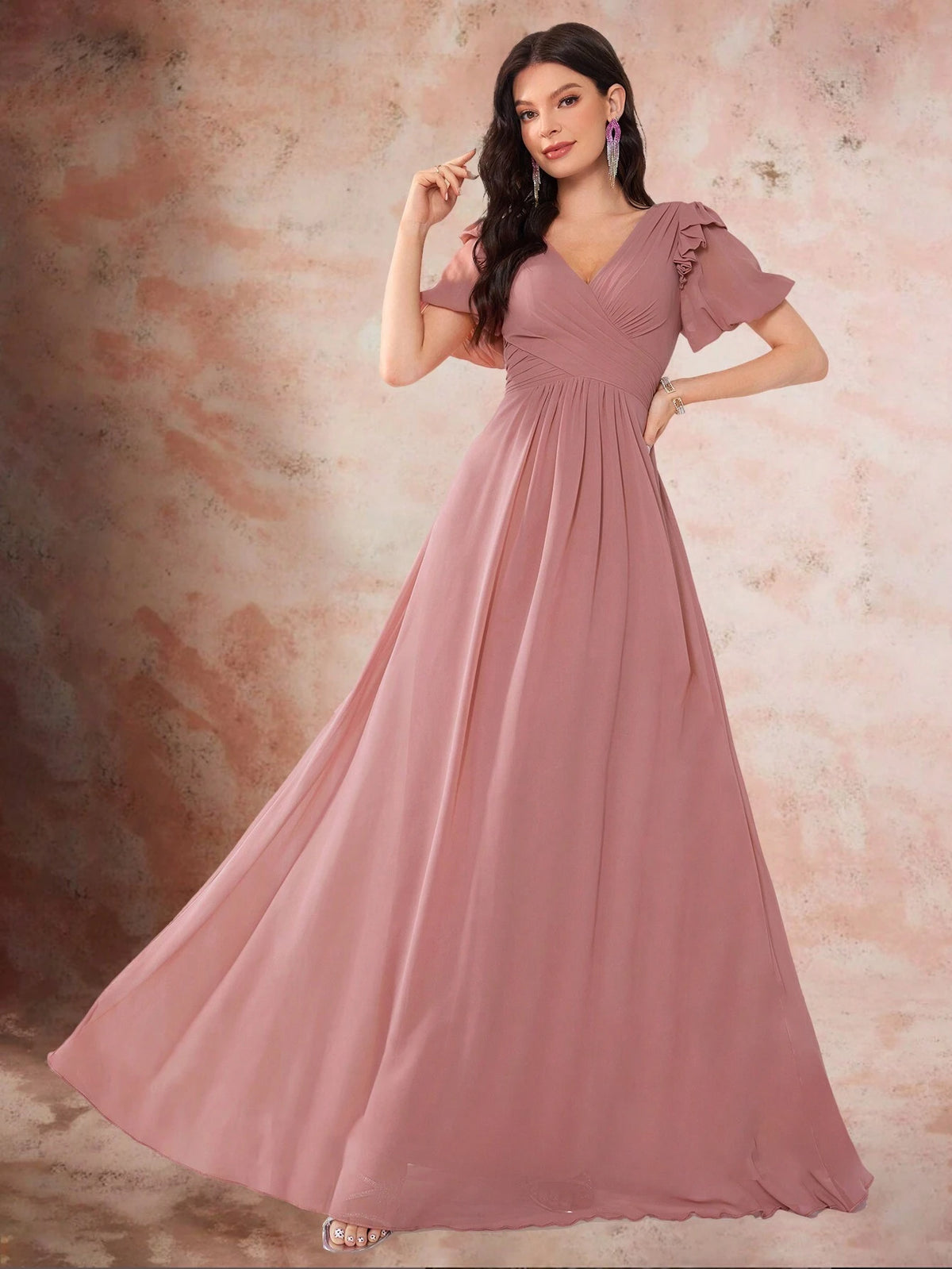 Front And Back V-Neck Lace Lantern Sleeve Pleated Waist Chiffon Elegant Evening Dress