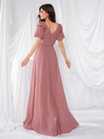 Front And Back V-Neck Lace Lantern Sleeve Pleated Waist Chiffon Elegant Evening Dress