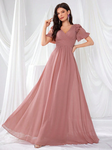 Front And Back V-Neck Lace Lantern Sleeve Pleated Waist Chiffon Elegant Evening Dress