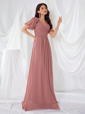 Front And Back V-Neck Lace Lantern Sleeve Pleated Waist Chiffon Elegant Evening Dress