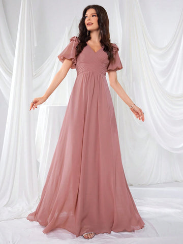 Front And Back V-Neck Lace Lantern Sleeve Pleated Waist Chiffon Elegant Evening Dress