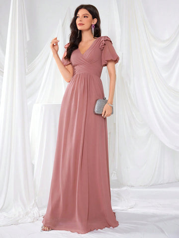 Front And Back V-Neck Lace Lantern Sleeve Pleated Waist Chiffon Elegant Evening Dress