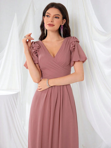 Front And Back V-Neck Lace Lantern Sleeve Pleated Waist Chiffon Elegant Evening Dress
