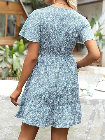 Front Button Short Sleeve Blue Floral All-Over Print V-Neck Dress
