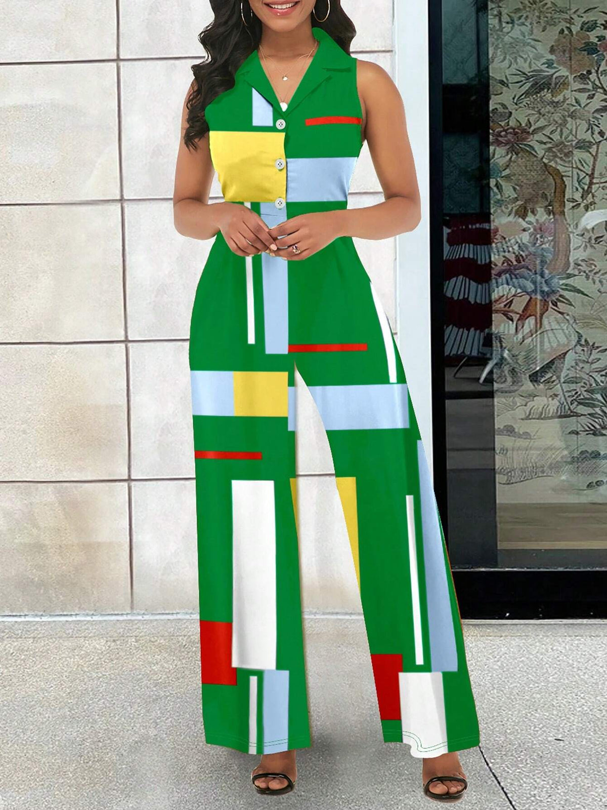 Front Button Sleeveless V-Neck Elegant Jumpsuit, Summer