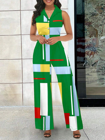 Front Button Sleeveless V-Neck Elegant Jumpsuit, Summer