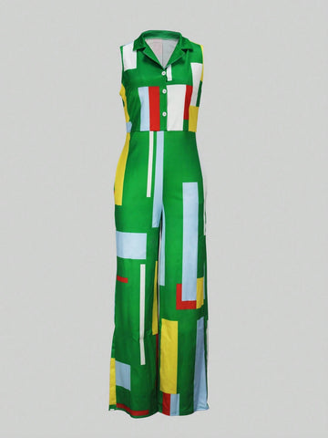 Front Button Sleeveless V-Neck Elegant Jumpsuit, Summer