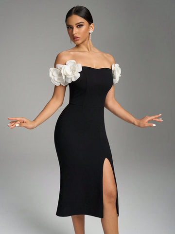 Fuaheng Petal Sleeve Waist Cinching Bodycon Dress, Black Elegant Slit Party Evening Cocktail Club Outfit