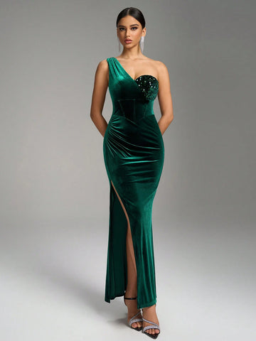 Fuaheng V-Neck Asymmetrical Spaghetti Strap Sequin Patchwork Bodycon Dress With High Slit, Evening Gown