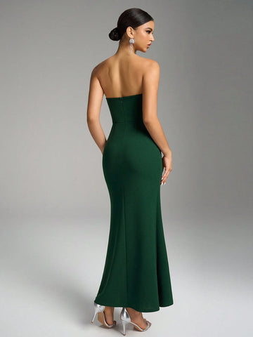 Fuaheng V-Neck Sleeveless Halter Dress, Luxury Feather-Shaped Sequin Patchwork Waist Slit Elegant Evening Gown