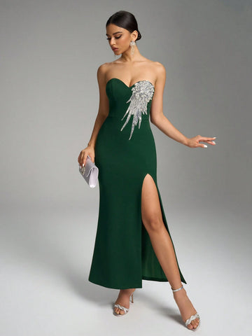 Fuaheng V-Neck Sleeveless Halter Dress, Luxury Feather-Shaped Sequin Patchwork Waist Slit Elegant Evening Gown