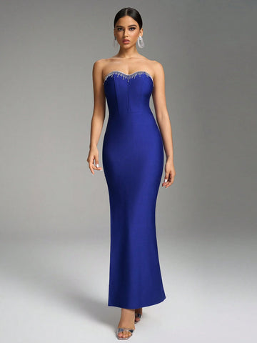 Fuaheng V-Neck Strapless Rhinestone-Embellished Long Dress, Minimalist Luxury Navy Blue Evening Gown