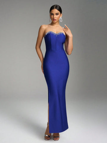 Fuaheng V-Neck Strapless Rhinestone-Embellished Long Dress, Minimalist Luxury Navy Blue Evening Gown