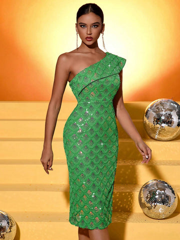 Fuaheng Women's Slant Shoulder Ruffle Sleeve Sequin Slit Details Elegant Formal Dress