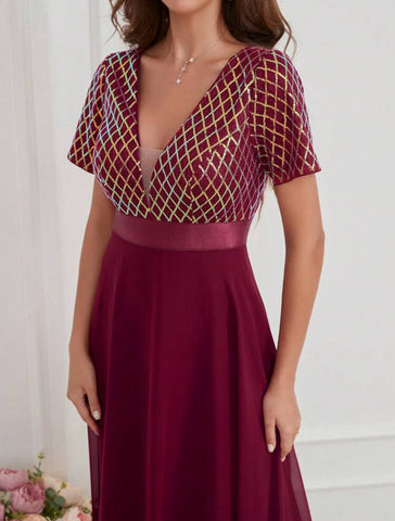 LUNE Contrast Sequin Mesh Panel Chiffon Party Dress