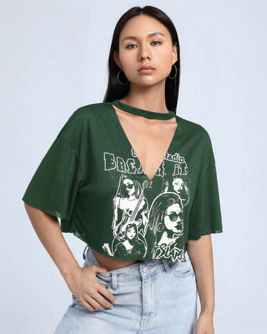 EZwear Figure & Letter Graphic Choker Neck Drop Shoulder Tee